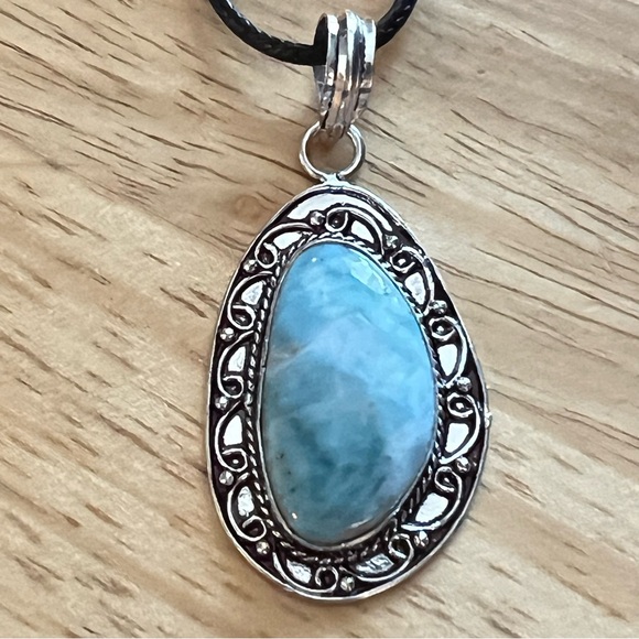 New Larimar Stone Silver Overlay Pendant Necklace w Cord - Picture 3 of 6
